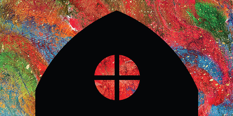 Colorful paint textured background with silhouette of church in foreground