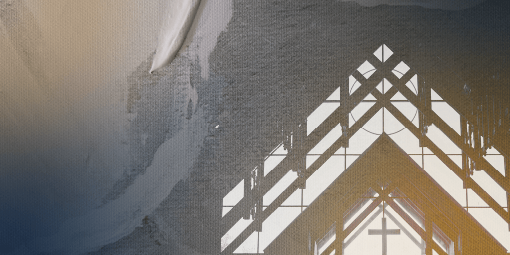 Collage of canvas texture and thick paint with overly of church window and crucifix.