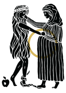 illustration of Eve with her hand on Mary’s belly