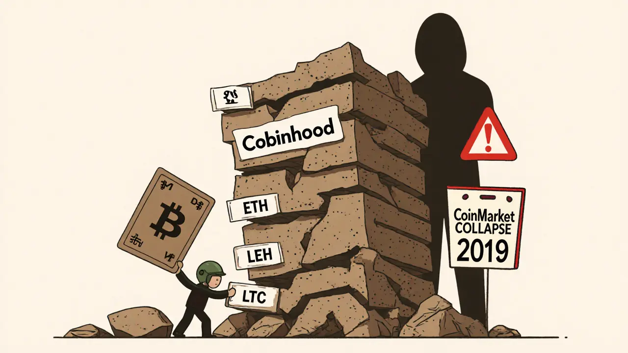A crumbling exchange tower made of crypto coins, with one falling token and a shadowy past.