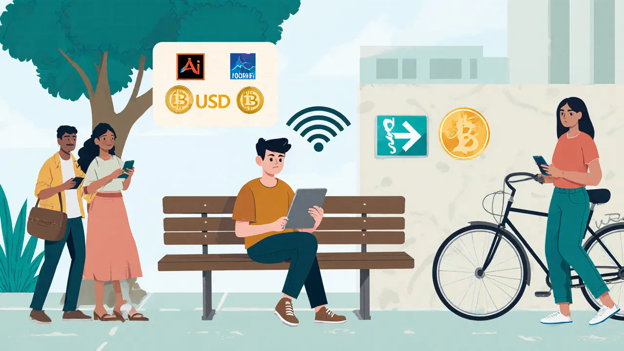 A Cuban freelancer accepts USDT payments for online work at a public Wi-Fi spot.