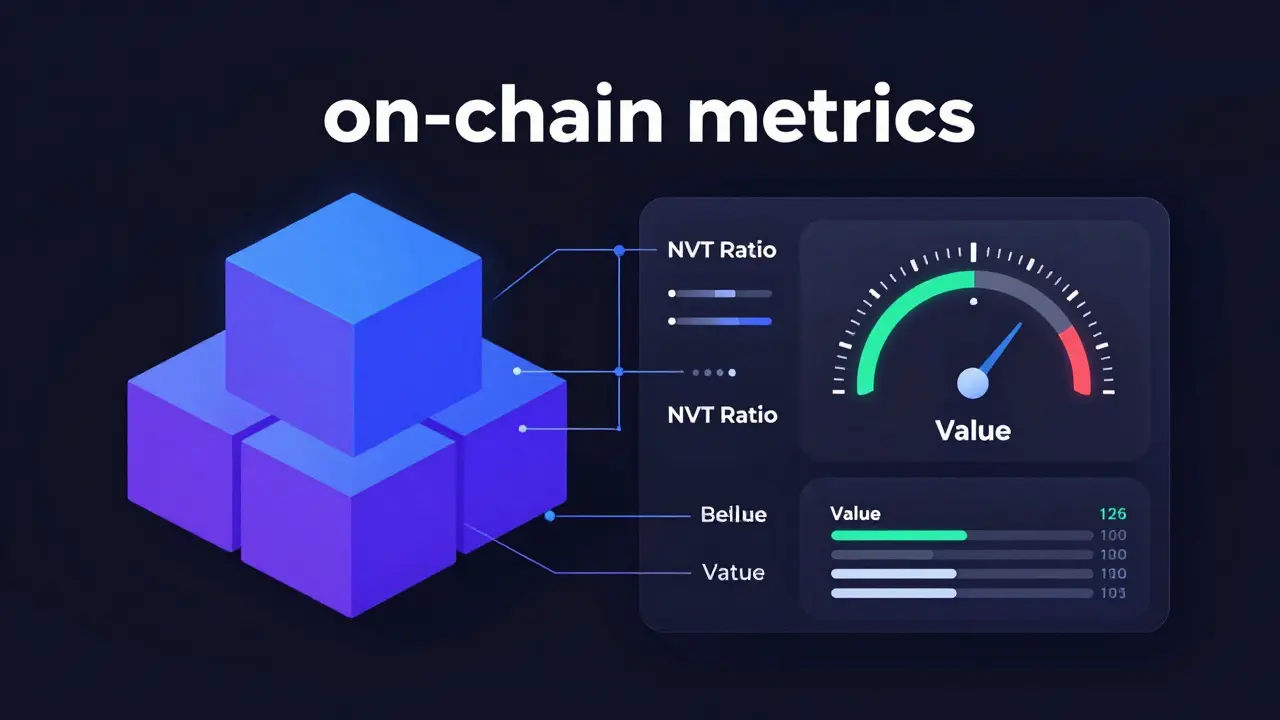 A digital dashboard displaying blockchain on-chain metrics and NVT ratio.