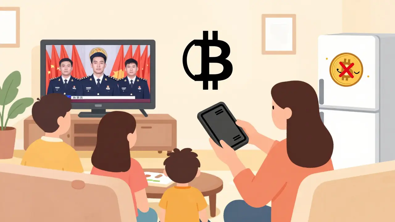 A family in a living room, one quietly using a hardware wallet while TV shows digital yuan promotion.