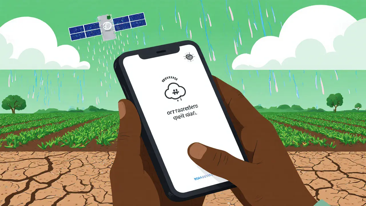A farmer in Kenya receives an automatic insurance payment as drought turns to rain.