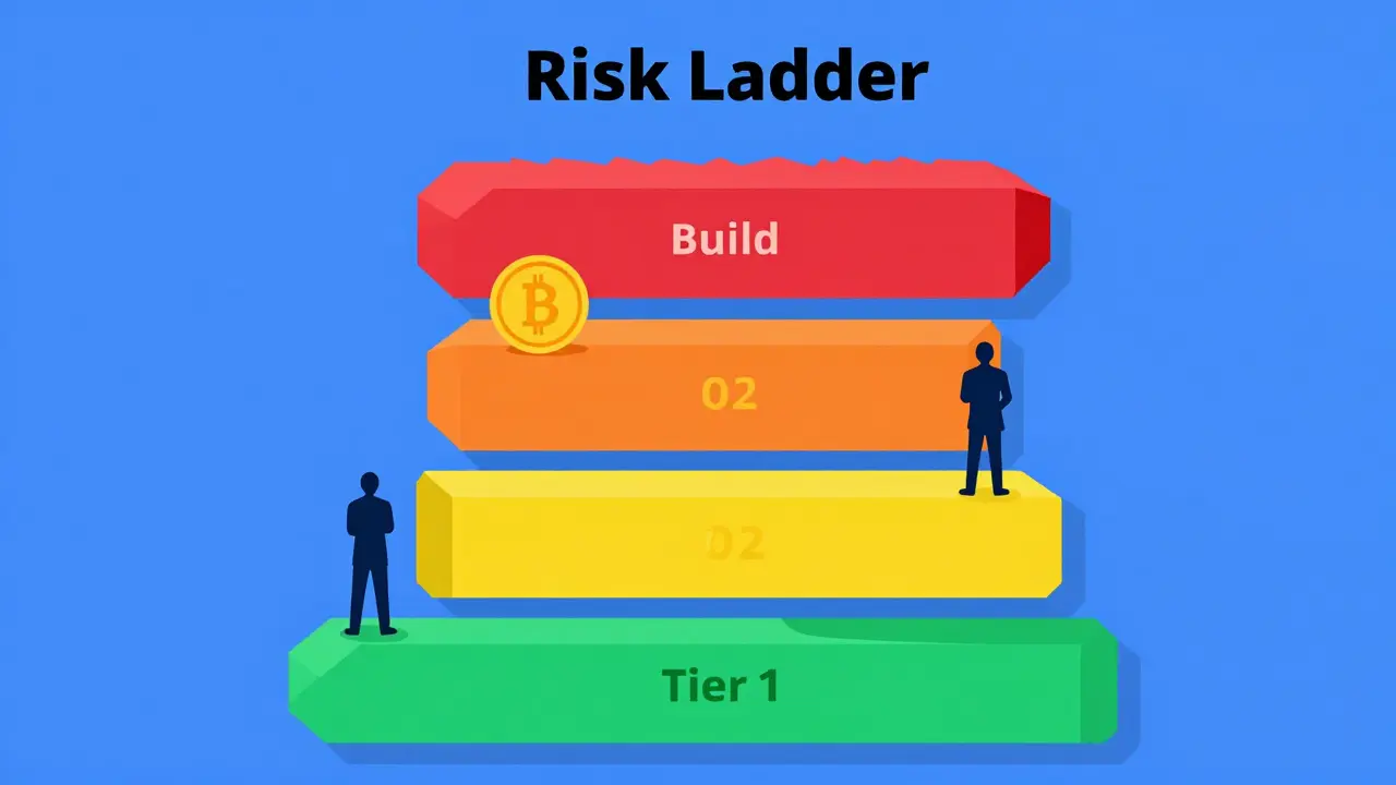 A four-tier risk ladder with a BUILD token resting on the third orange level.