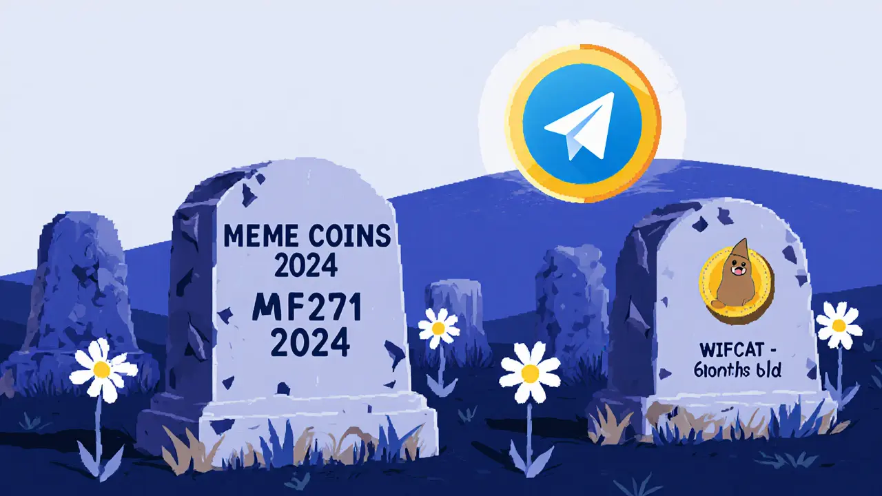 A graveyard of dead meme coins with WIFCAT's tombstone, beside a thriving Dogecoin on a distant hill.