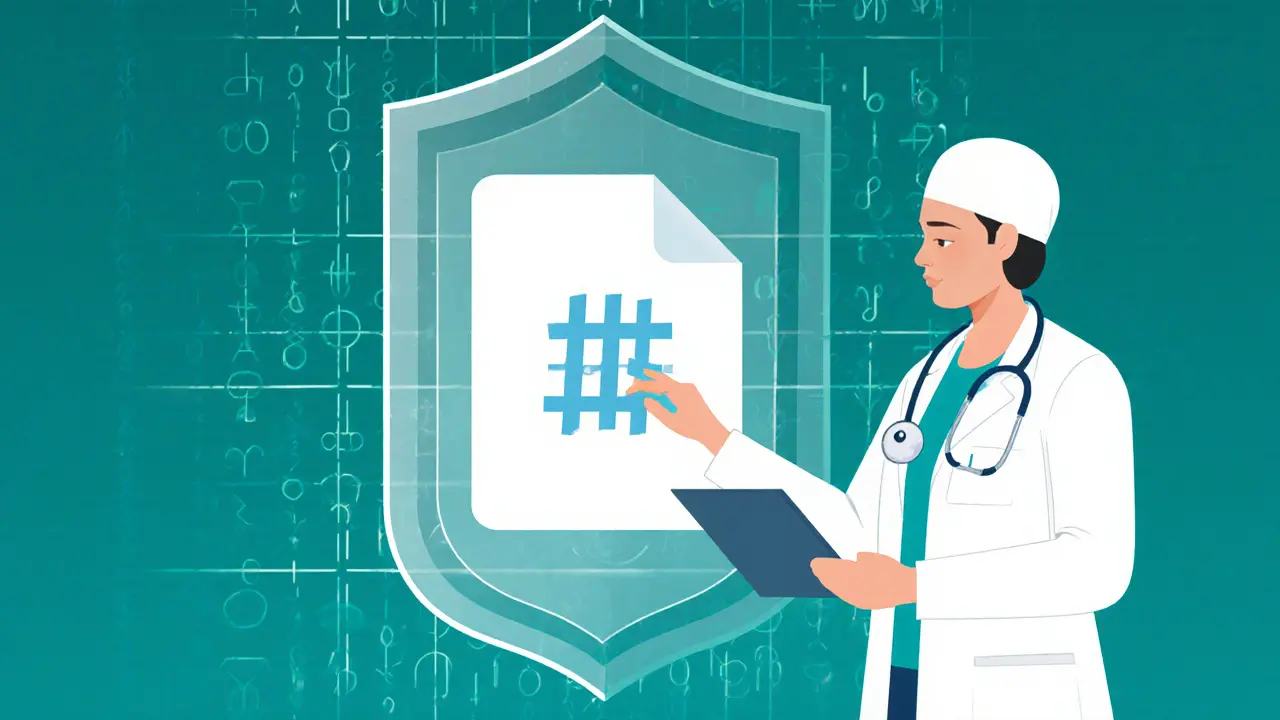 A healthcare worker deleting data off-chain while a hash remains on a blockchain.