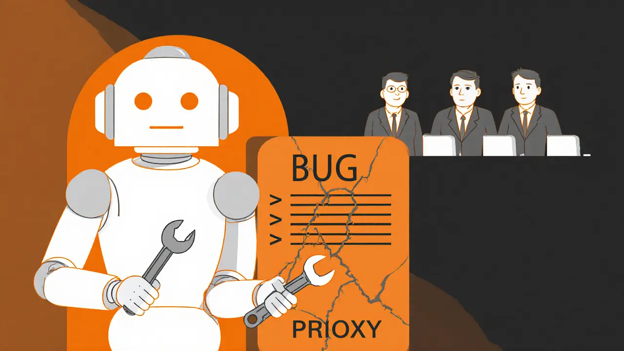 A robot smart contract being repaired by developers voting to upgrade its code.