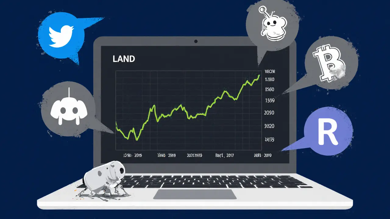 A stagnant crypto chart surrounded by grayed-out social media icons and a lone bot.