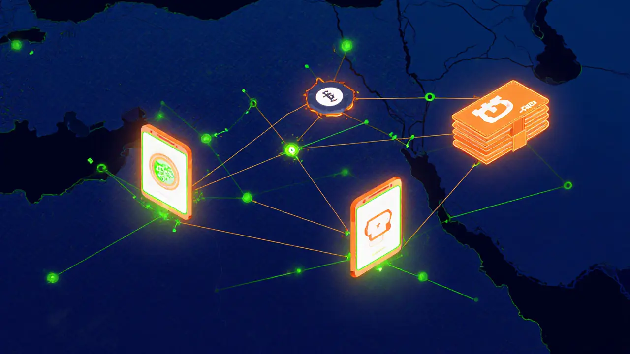 A stylized map of Egypt showing hidden P2P crypto trade connections between cities.