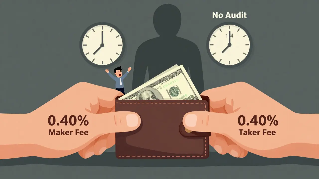 A wallet being crushed by high trading fees while a clock shows 14-day delay.
