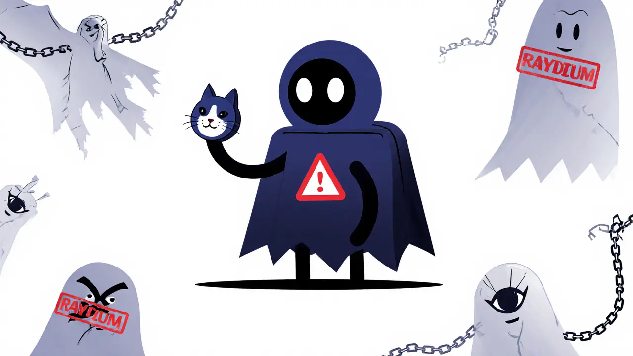 A warning-filled wallet holding a tiny WIFCAT token, surrounded by failed trades and scam symbols.