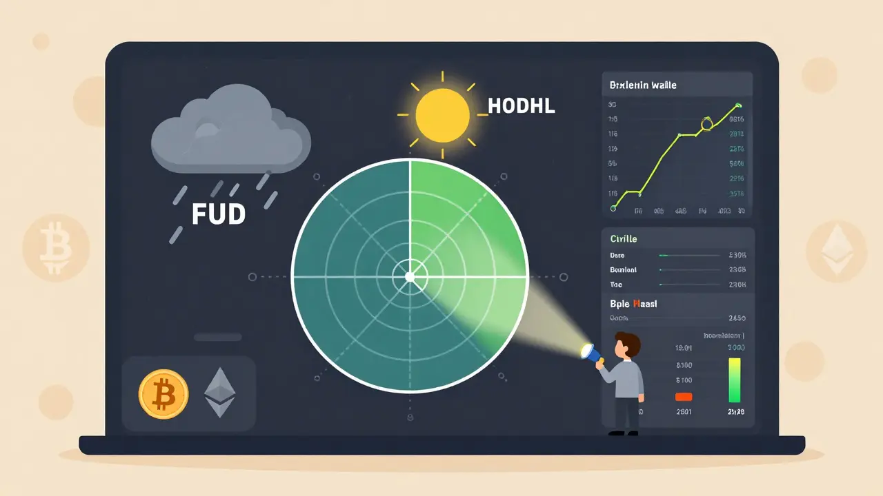 A weather radar for crypto sentiment showing FUD storms and HODL sunshine.