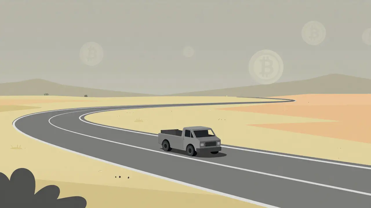An empty racing track with a lone truck and transparent floating coins.