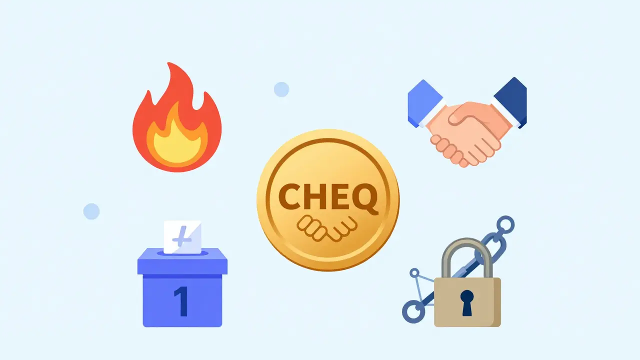 CHEQ token surrounded by symbols for burning, payments, governance, staking, validators