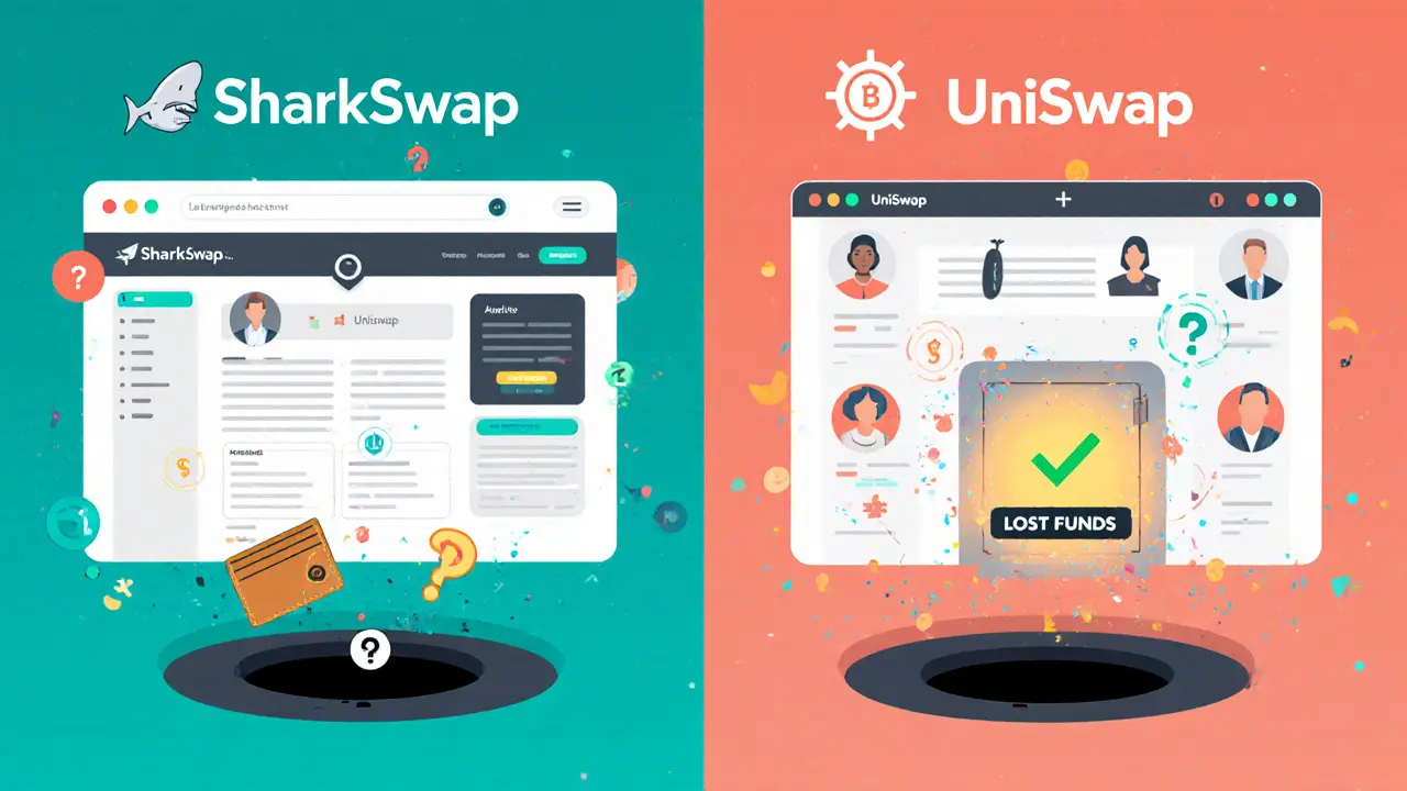 Comparison of a risky unknown DEX versus a trusted, well-designed exchange interface.