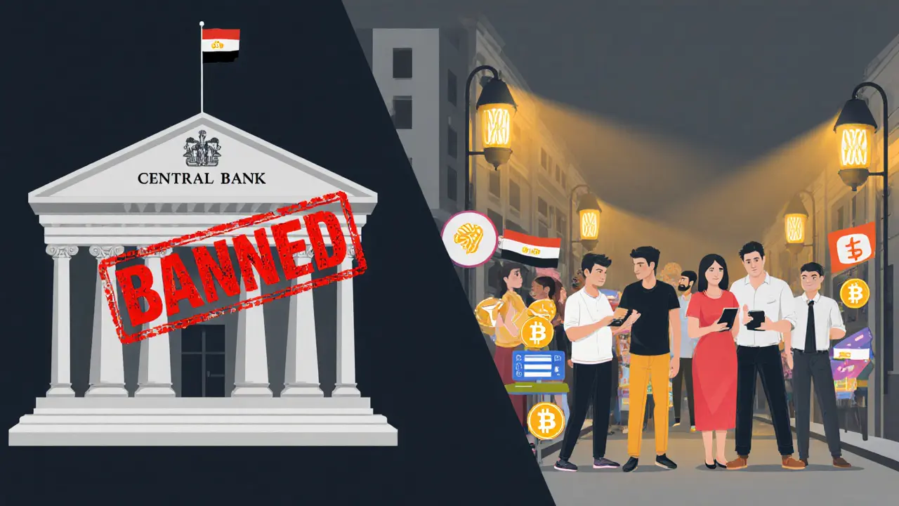 Contrasting scene: a banned bank building versus a vibrant underground crypto trading network.