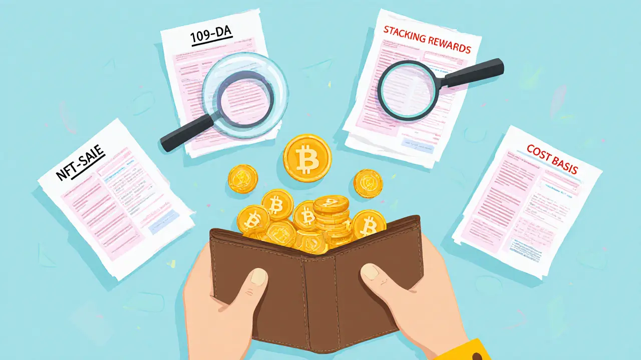Crypto coins and tax forms floating around a person with magnifying glass