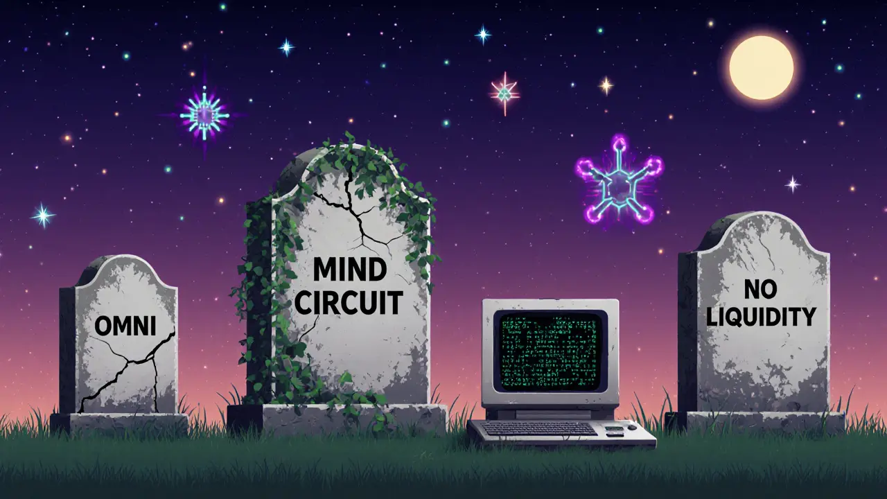 Crypto graveyard with tombstones for OMNI and abandoned AI projects
