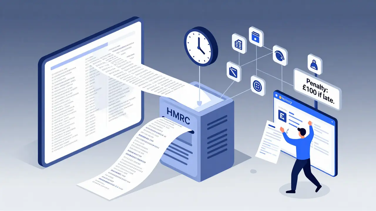 Digital ledger connecting crypto exchanges to HMRC with tax deadline countdown