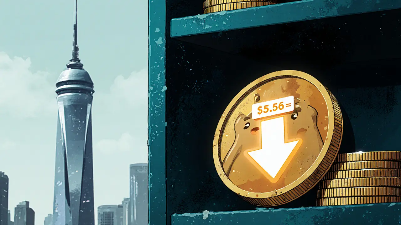 Faded APTOGE token ignored by modern Aptos blockchain tower on a dusty shelf
