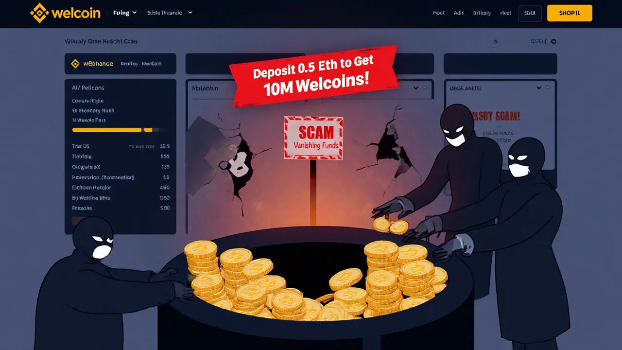 Fake crypto scam site demanding ETH deposit, with funds disappearing into a black hole.