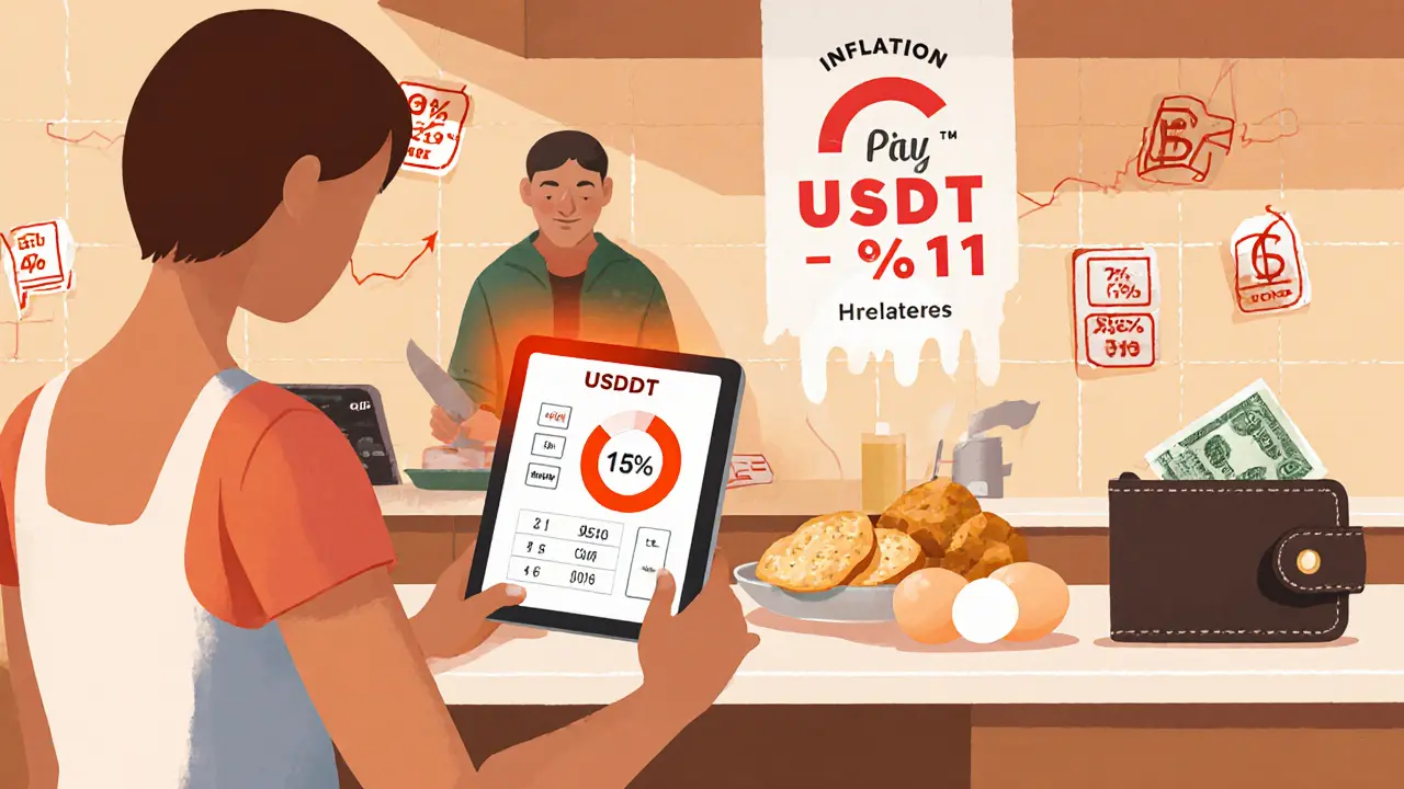 Family sending stablecoins abroad with tax rate displayed, bread and wallet on counter