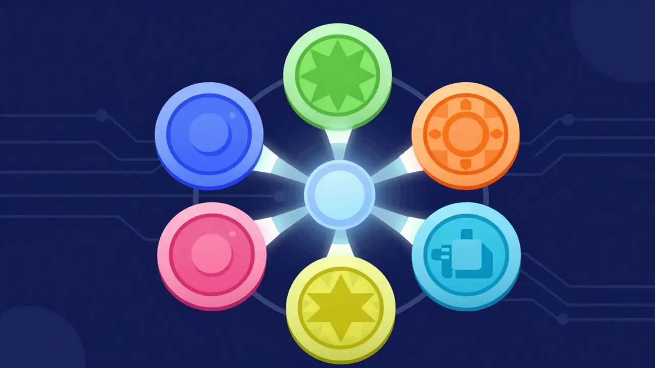 Five connected tokens representing ecosystem roles in flat art.