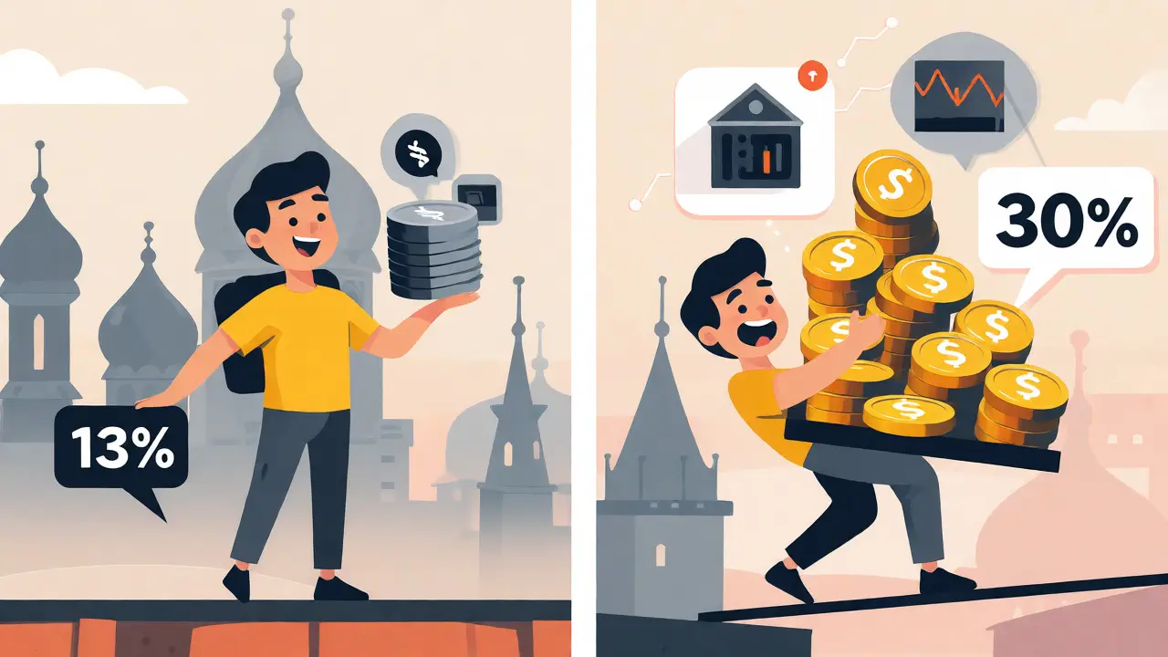 Flat art showing characters balancing different stacks of money to represent varying tax rates.