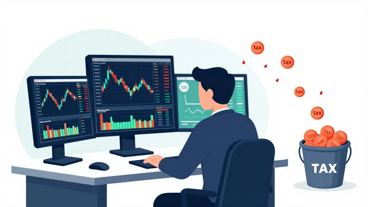 Flat illustration of a crypto trader with coins floating away into a tax bucket.