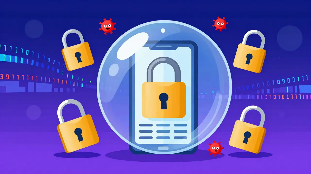 Flat illustration of smartphone protected by digital security locks.