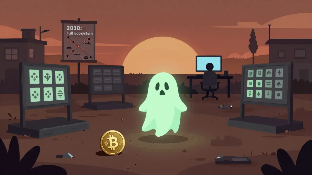 Ghost town of crypto infrastructure with a single dusty GENS token on the ground.