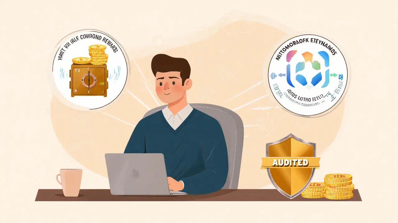 Investor using wallet with automated DeFi tools like Yearn, Bancor, and security shield.