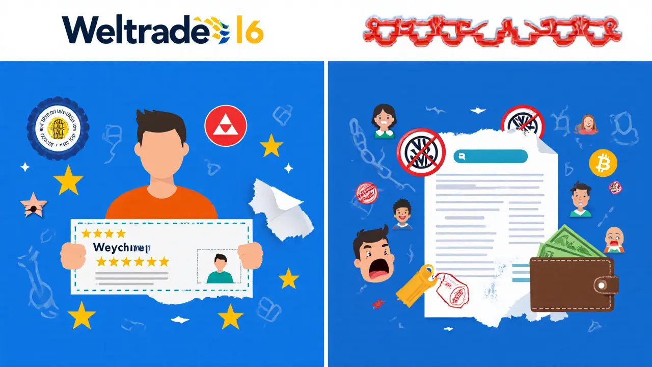 Legitimate Weltrade vs. fake exchange: verified rewards vs. stolen crypto and no regulation.