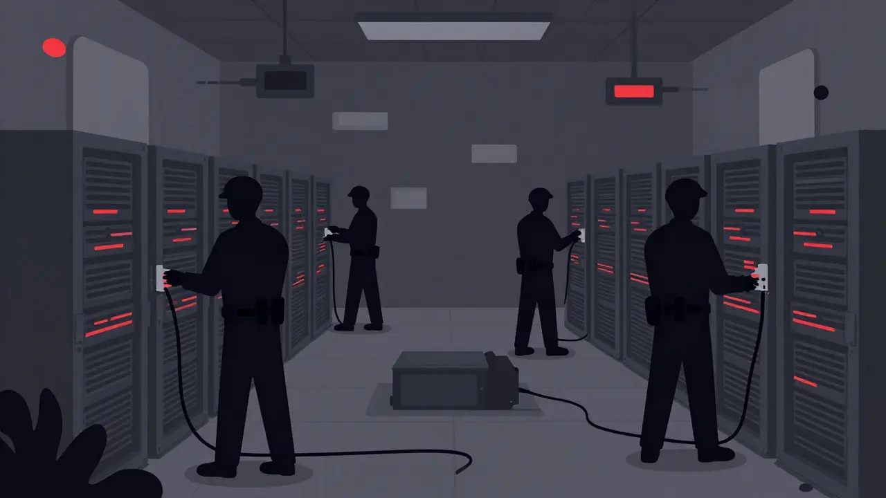 Officers unplugging mining servers in a dim room