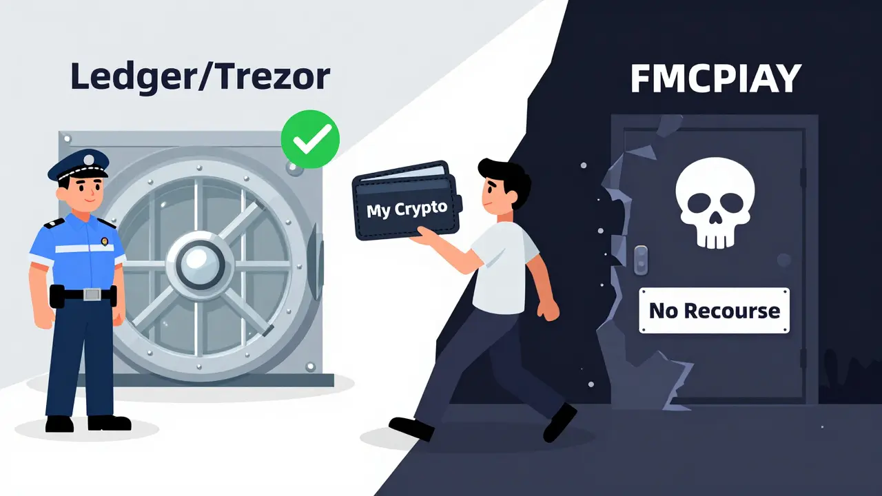 Person choosing between secure cold wallet and crumbling FMCPAY door with skull symbol.