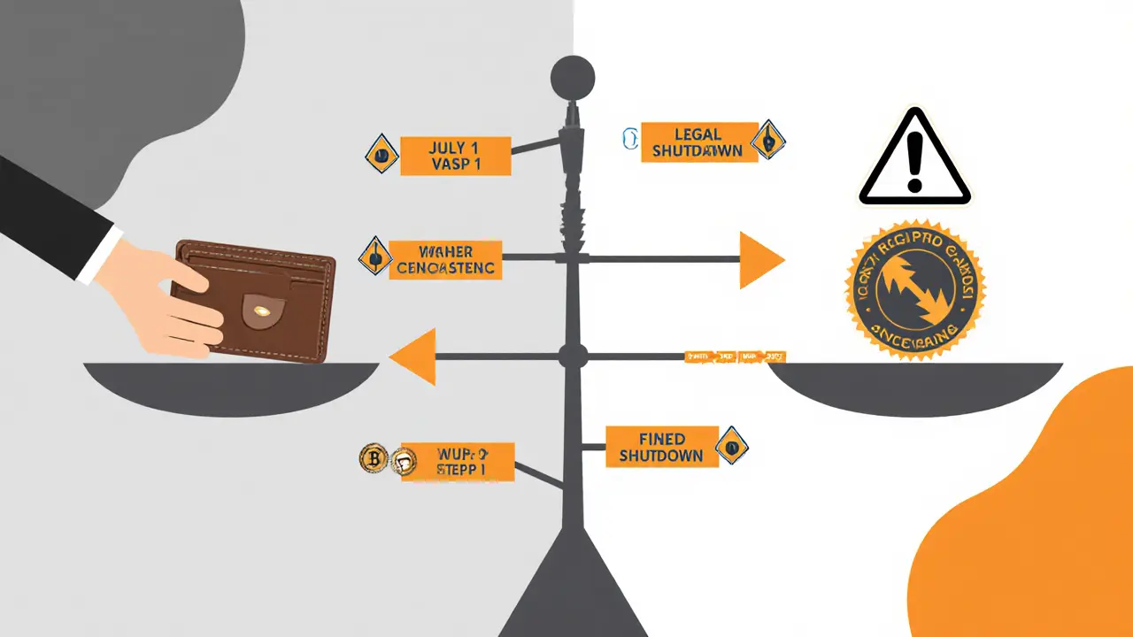 Regulatory flowchart showing crypto service registration deadlines and penalties