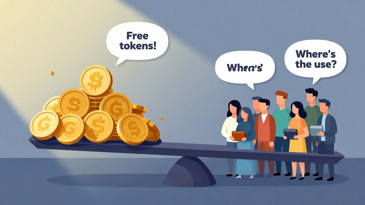 Scale balancing GENS tokens against a small crowd, symbolizing lack of user adoption.