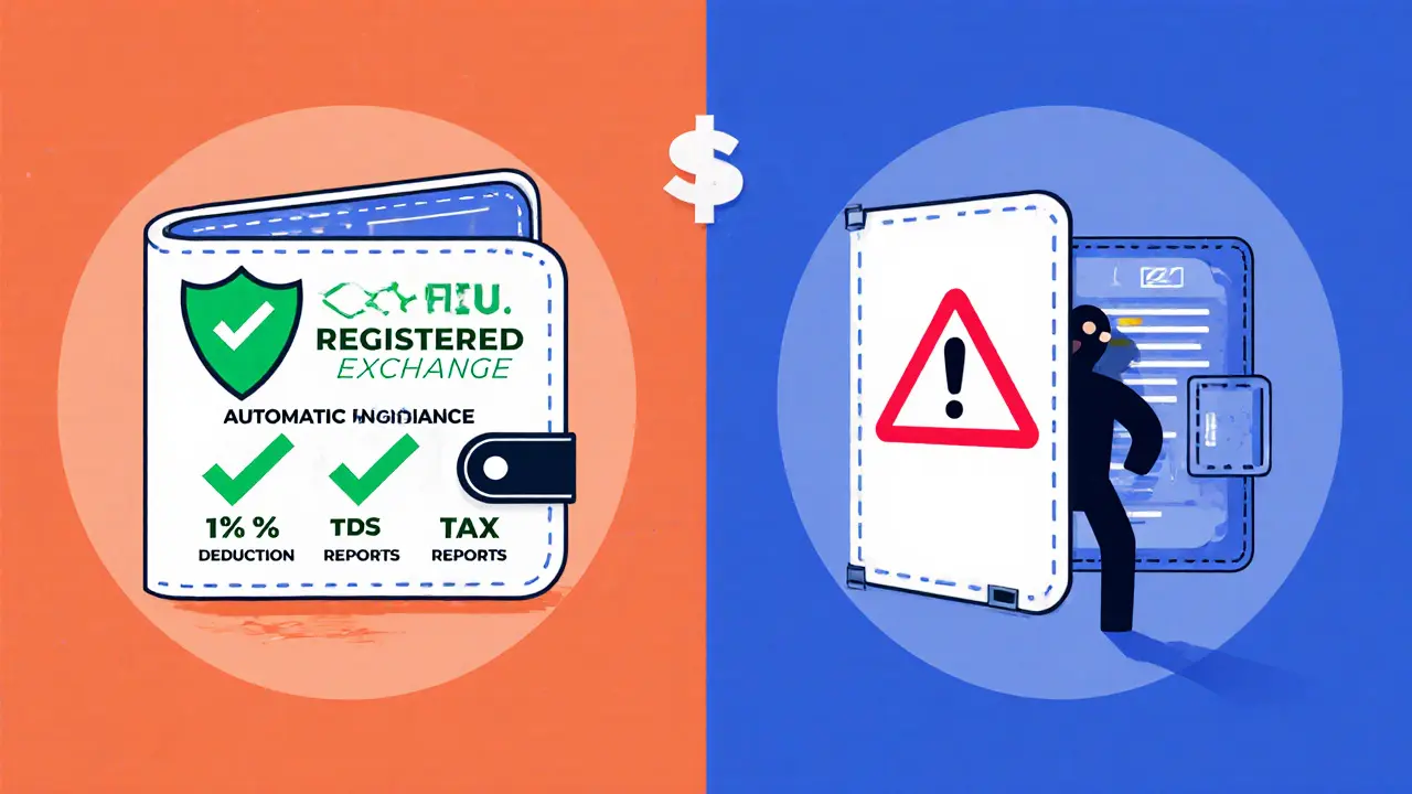 Side-by-side comparison of compliant vs. offshore crypto wallets with safety warnings.