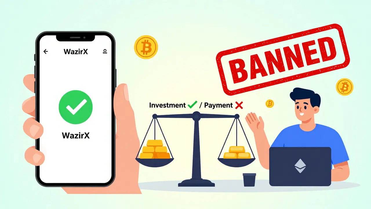 Split illustration: buying crypto is allowed, using it to pay is banned