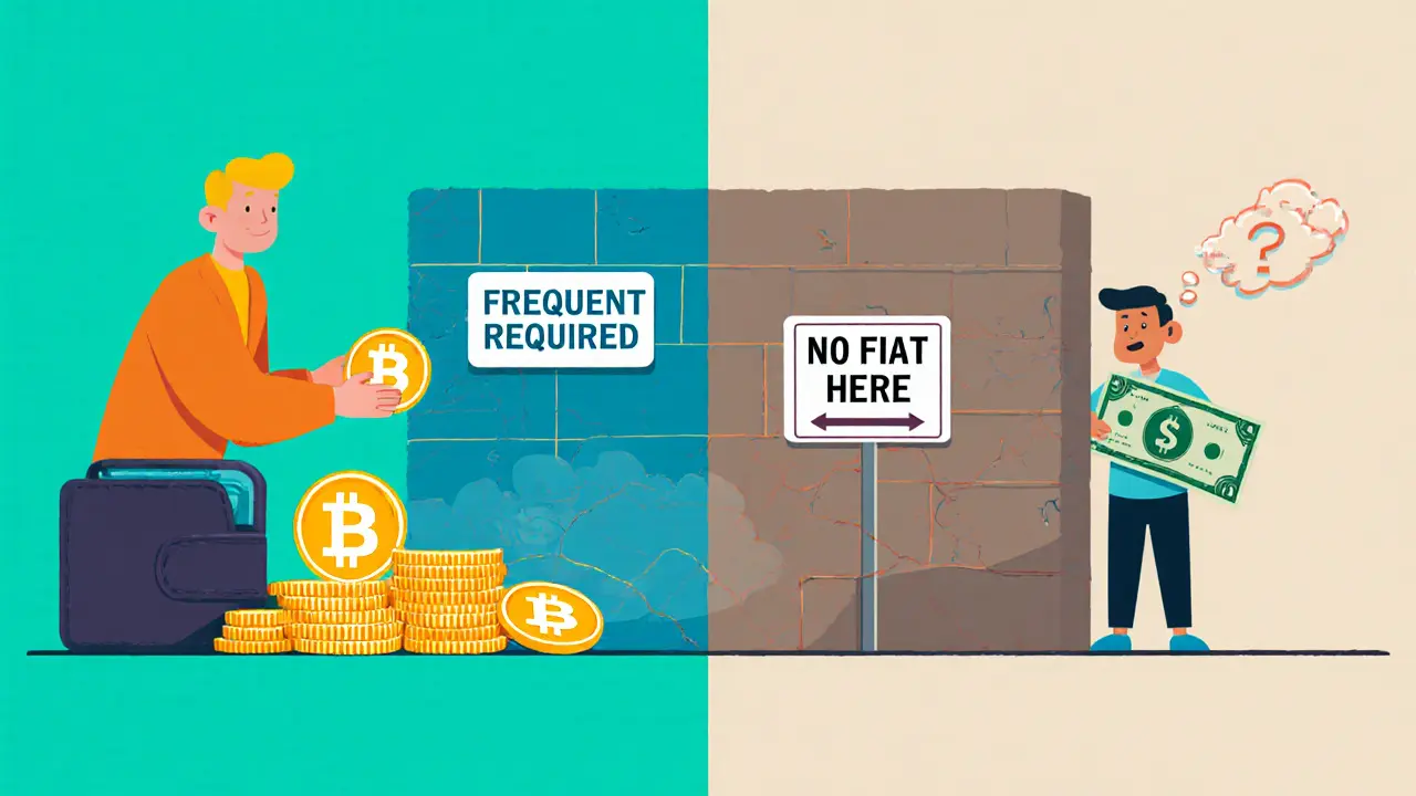 Split scene: experienced trader with crypto vs. newcomer blocked from depositing fiat.