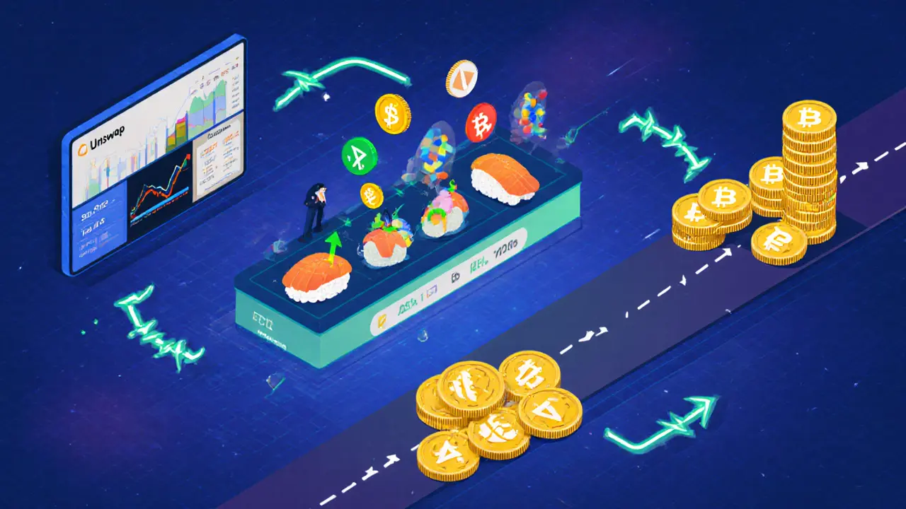 Three DeFi platforms shown as distinct zones: Uniswap, SushiSwap, and Arbitrum with trading flows.