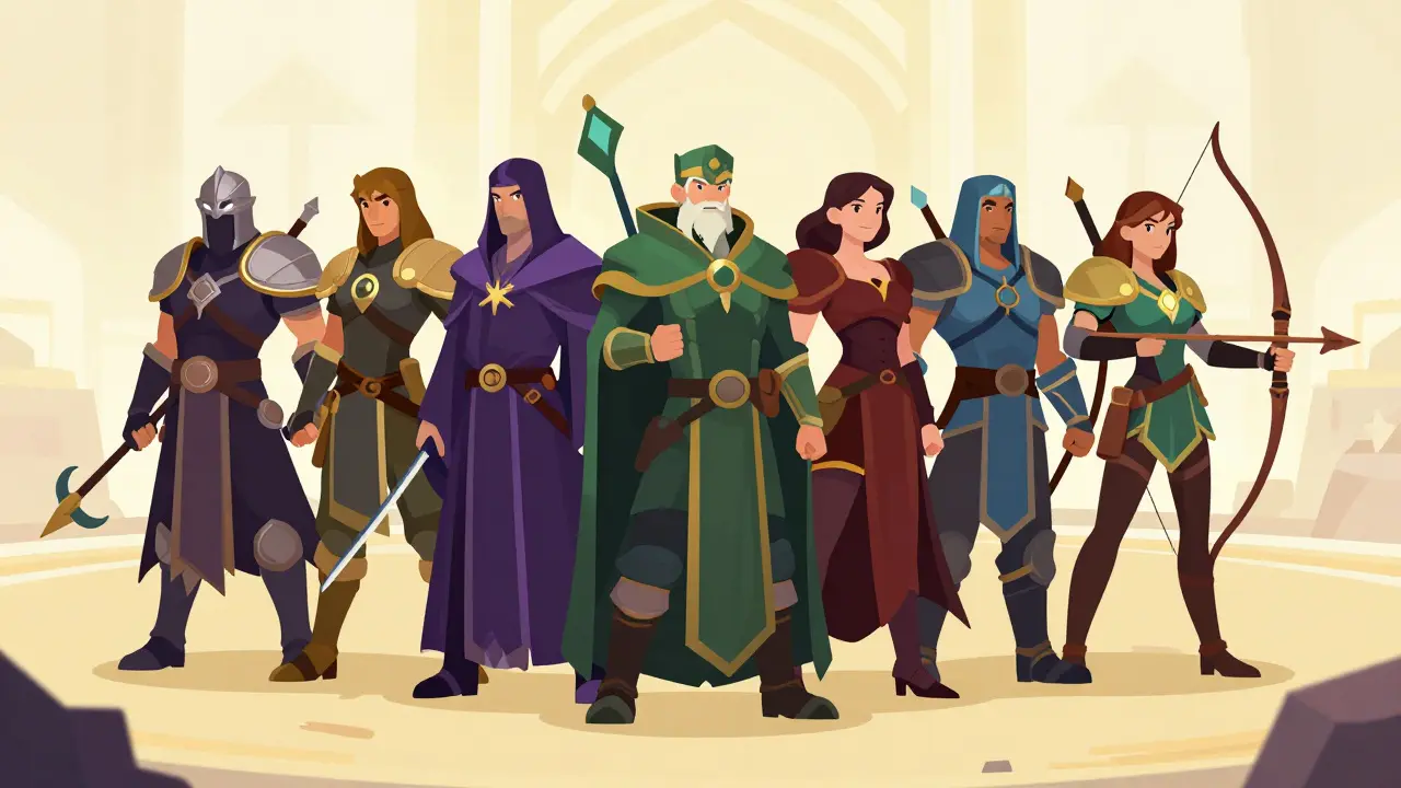 Three different classes of RPG heroes as NFT cards in a minimalist battle arena.