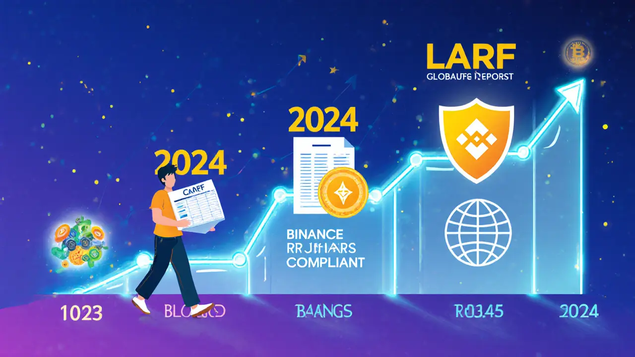 Timeline of India's crypto regulations with person walking safely toward legal compliance.