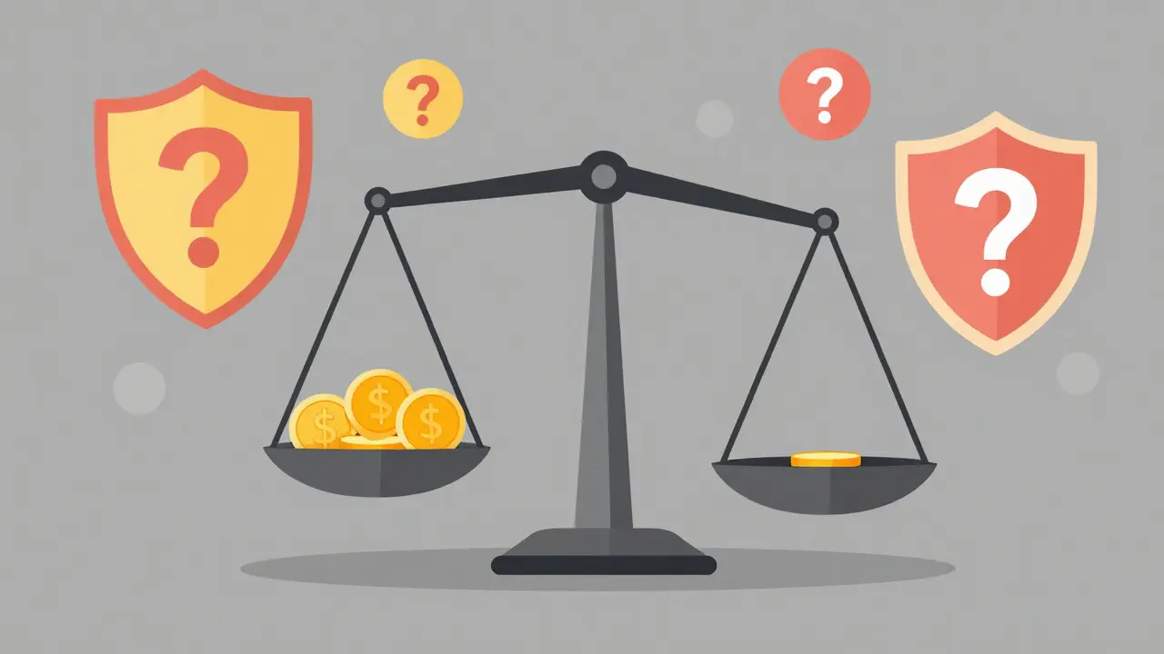 Tipped balance scale with coins, shields, and warning icons.