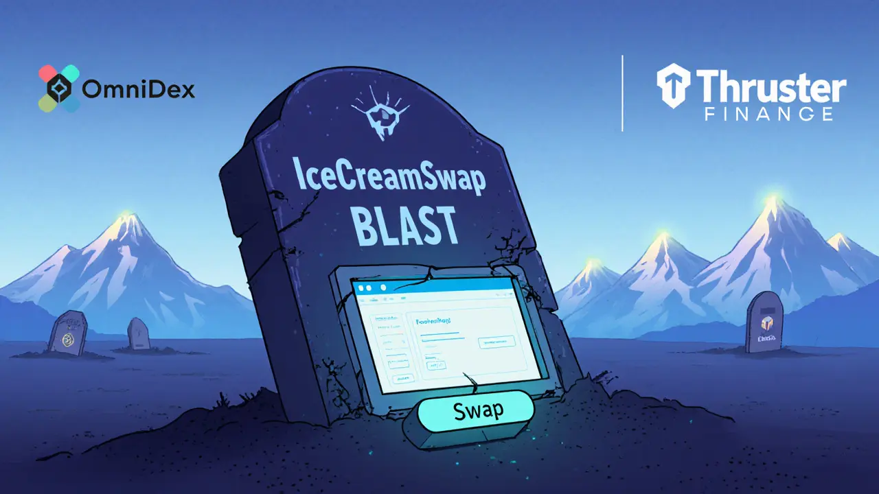 Tombstone for IceCreamSwap buried in digital dust, with other DEXs glowing in distance.