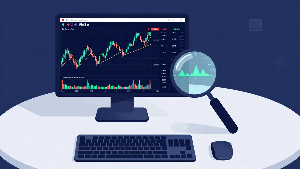 Top-down view of a trading setup with a candlestick chart and a volatility gauge.
