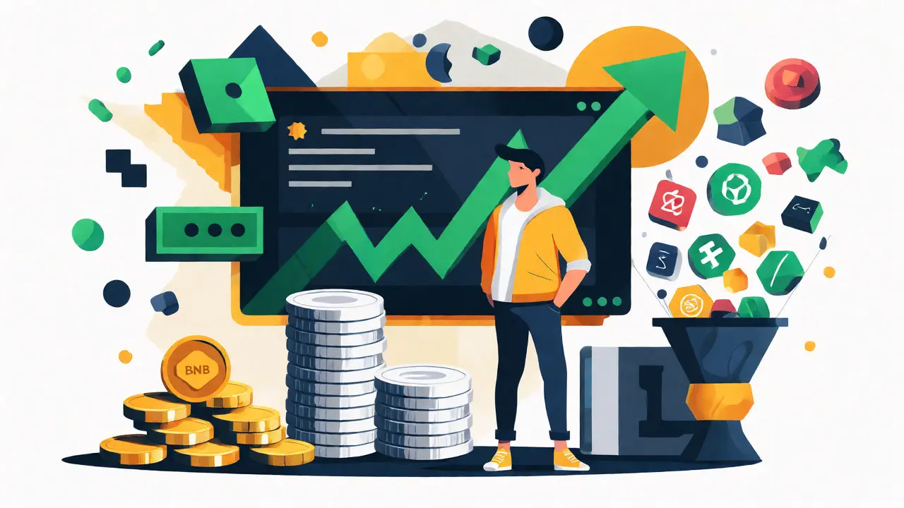 Visual representation of Binance's low fees and vast cryptocurrency selection.